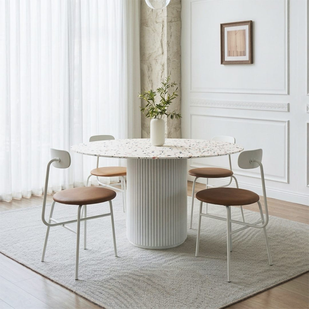 Cracky White Round Dining Table, Premium Terrazzo And Wood Base - Joe’s Haven