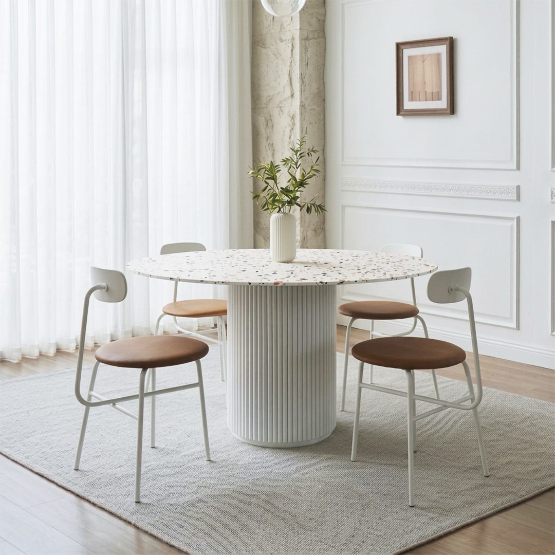 Cracky White Round Dining Table, Premium Terrazzo And Wood Base - Joe’s Haven