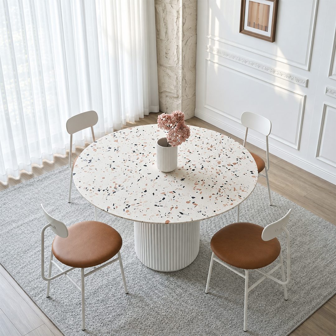 Cracky White Round Dining Table, Premium Terrazzo And Wood Base - Joe’s Haven