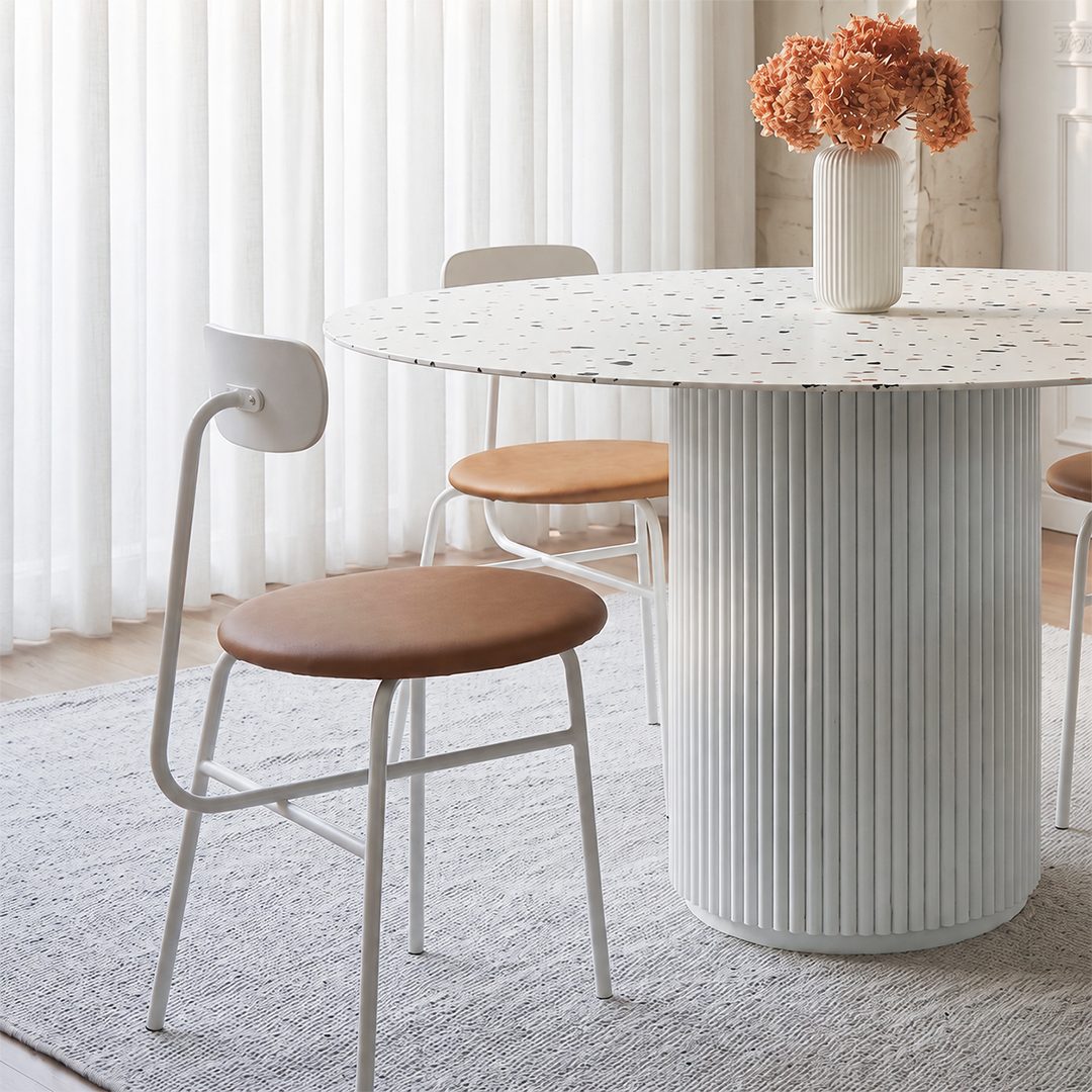 Cracky White Round Dining Table, Premium Terrazzo And Wood Base - Joe’s Haven