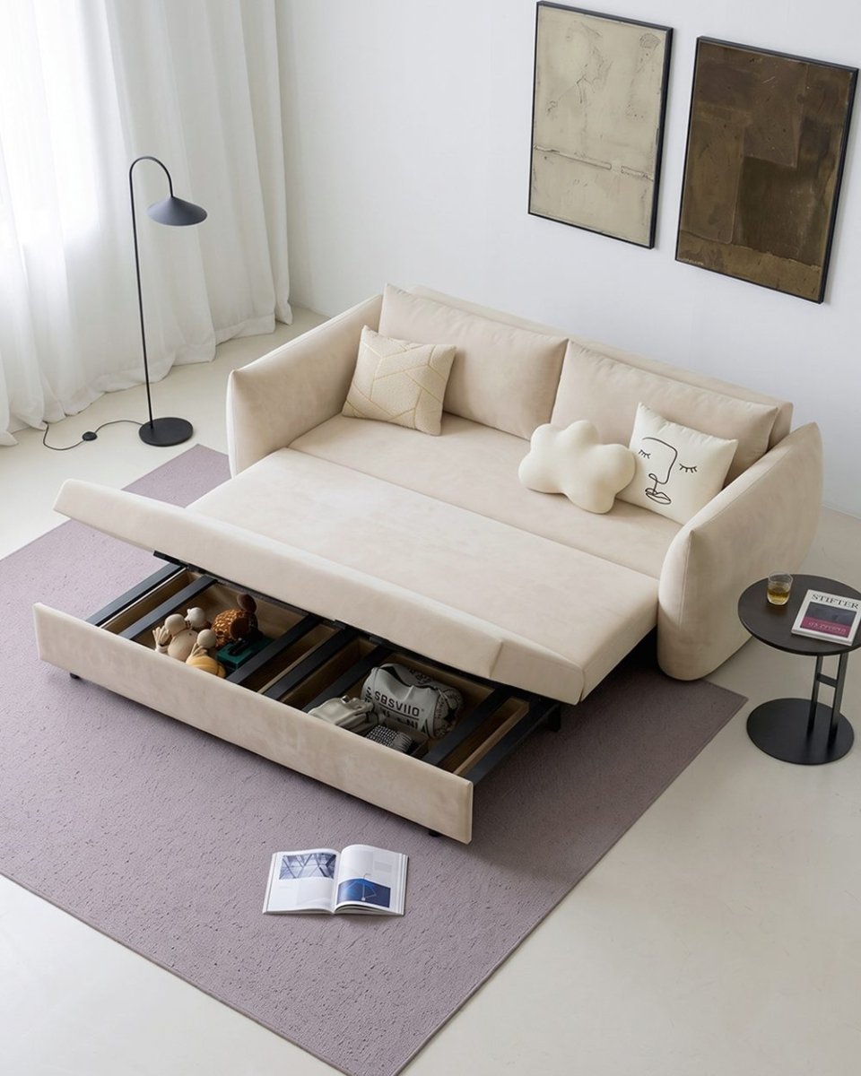 Meera Two Seater Sofa Bed with Storage, Suede - Joe’s Haven