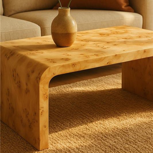 Natural Burl Wood Curved Coffee Table with Smooth Curved Edges, Mota - Joe’s Haven