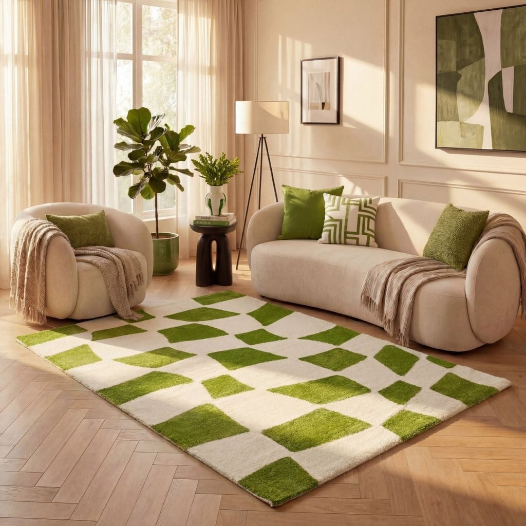 Joli Checkered Green & White Rug - Joe’s Haven