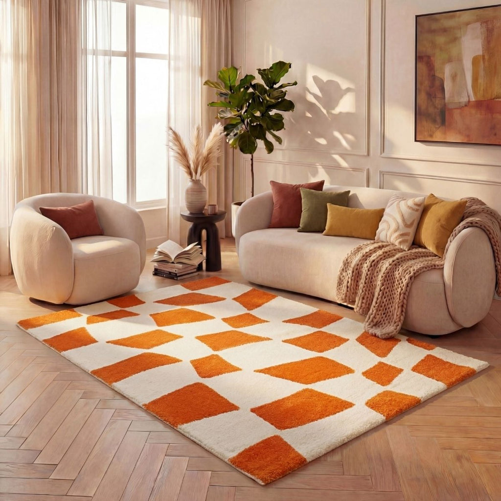 Joli Checkered Orange & White Rug - Joe’s Haven