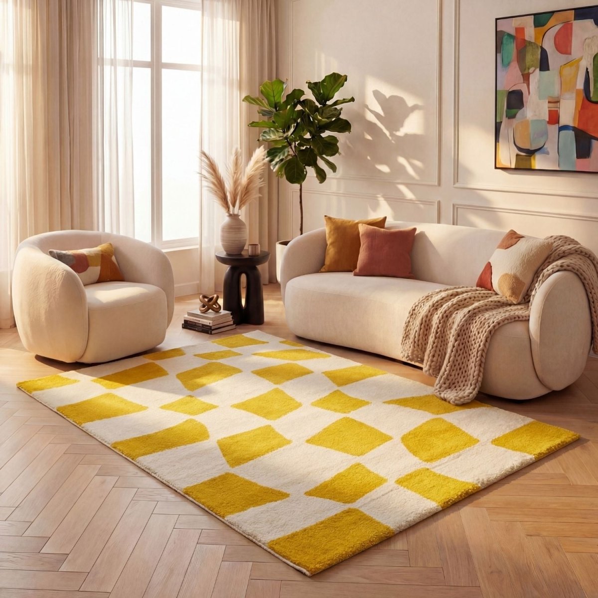 Joli Checkered Yellow & White Rug - Joe’s Haven
