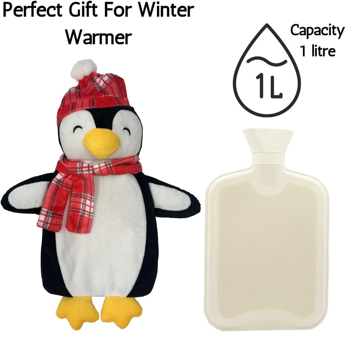 Festive Penguin Christmas Hot Water Bottle with Cover 1L - Joe’s Haven