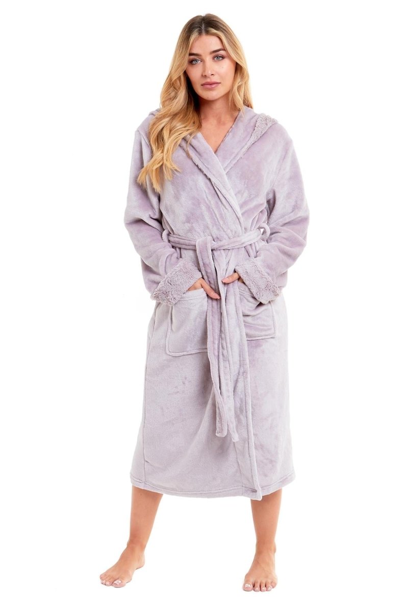 OLIVIA ROCCO Womens Faux Fur Hooded Bathrobe Plush Fleece Ultra-Absorbent Dressing Gown - Joe’s Haven