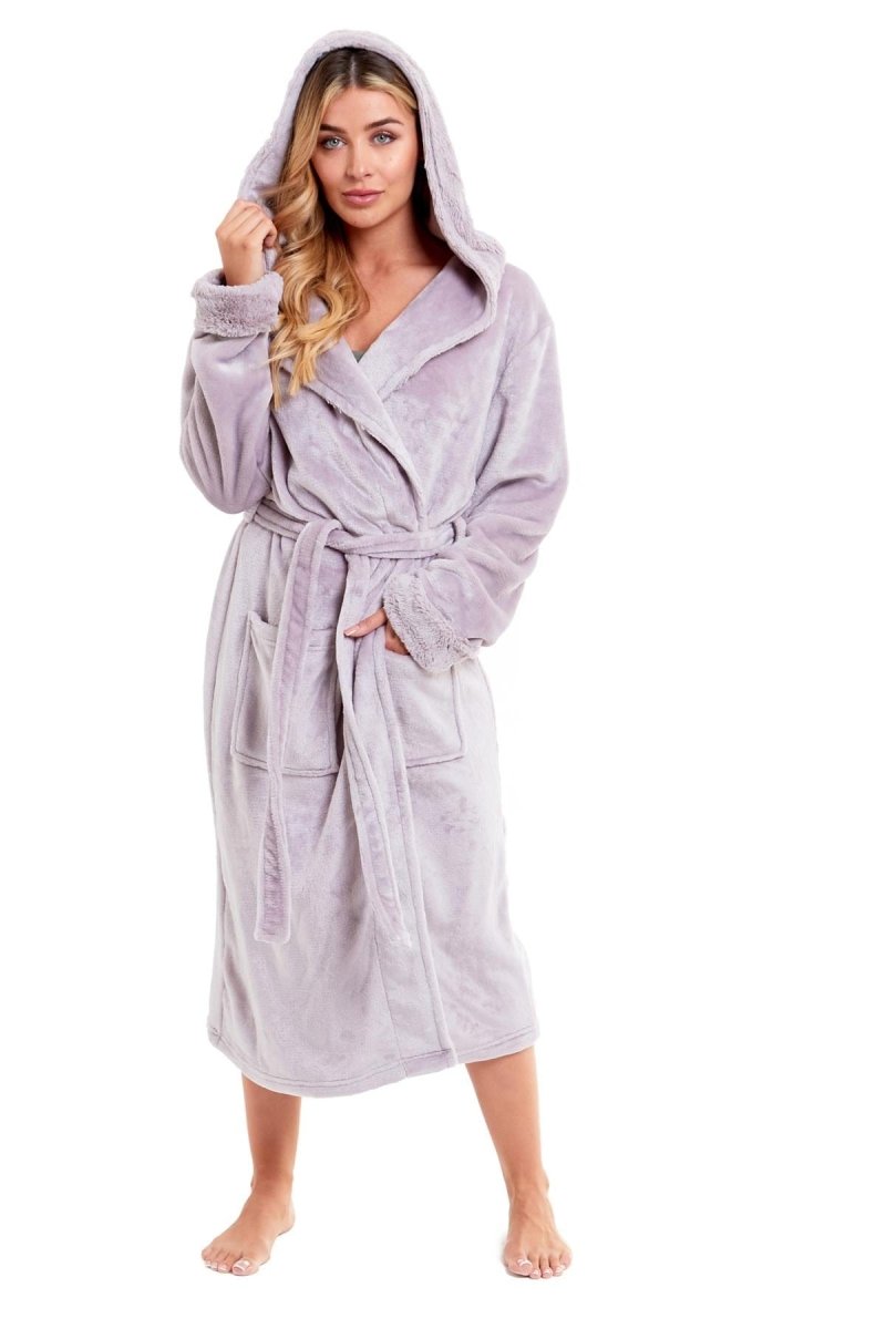 OLIVIA ROCCO Womens Faux Fur Hooded Bathrobe Plush Fleece Ultra-Absorbent Dressing Gown - Joe’s Haven