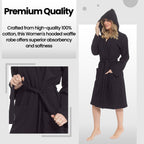 OLIVIA ROCCO Women's Hooded Waffle Cotton Bathrobe Black 100% Cotton Absorbent Spa