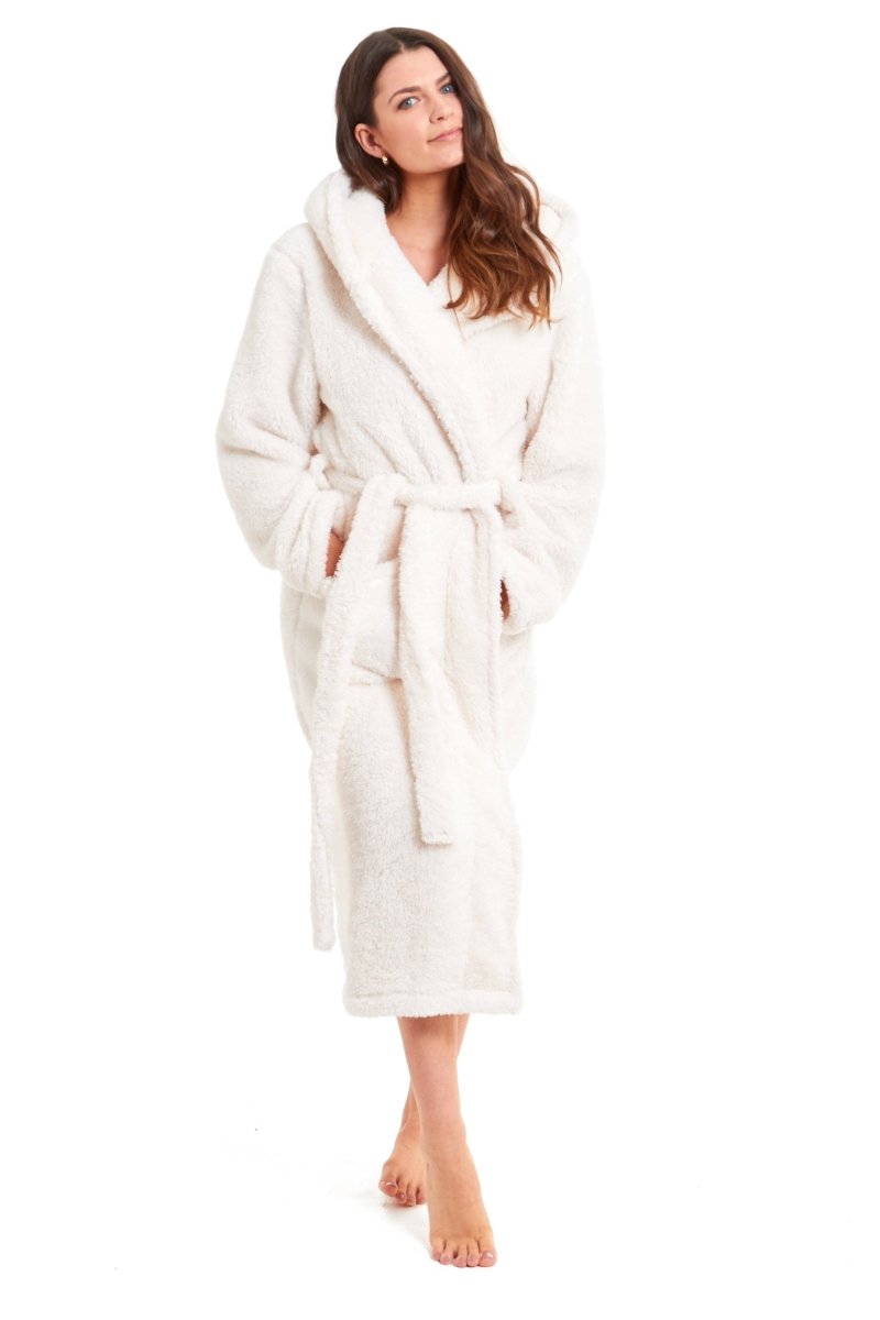 OLIVIA ROCCO Cream Snuggle Fleece Hooded Robe For Women Velvet Touch Plush Dressing Gown - Joe’s Haven