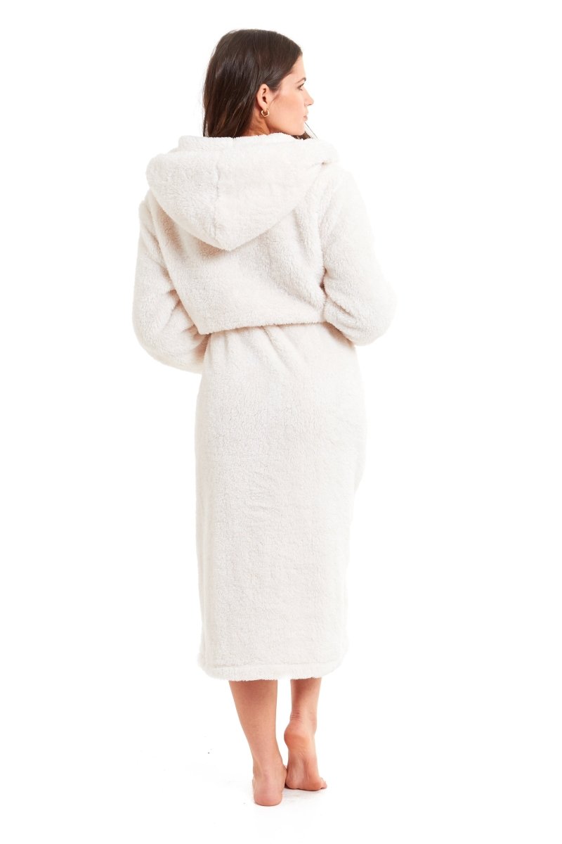 OLIVIA ROCCO Cream Snuggle Fleece Hooded Robe For Women Velvet Touch Plush Dressing Gown - Joe’s Haven