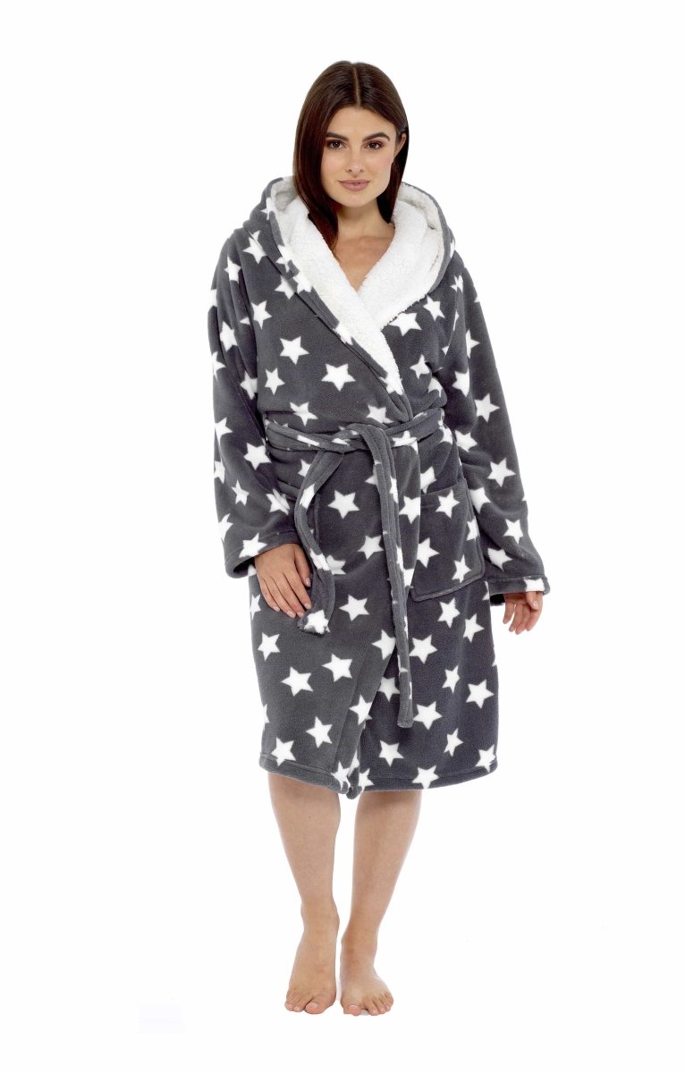 OLIVIA ROCCO Hooded Plush Fleece Robe Star Grey With Ultra Soft Sherpa Fur Lining - Joe’s Haven