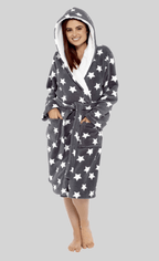 OLIVIA ROCCO Hooded Plush Fleece Robe Star Grey With Ultra Soft Sherpa Fur Lining - Joe’s Haven
