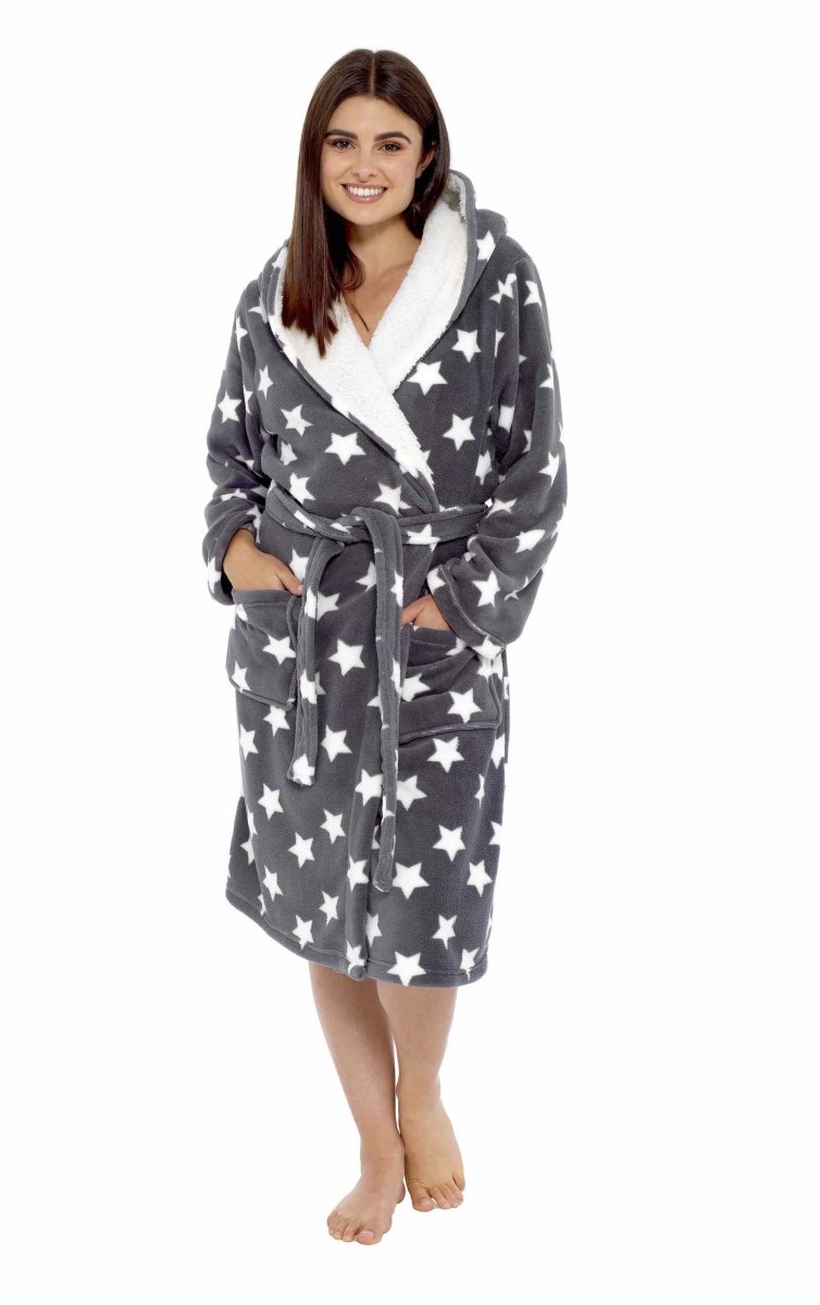 OLIVIA ROCCO Hooded Plush Fleece Robe Star Grey With Ultra Soft Sherpa Fur Lining - Joe’s Haven