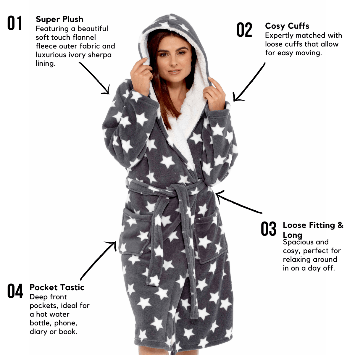 OLIVIA ROCCO Hooded Plush Fleece Robe Star Grey With Ultra Soft Sherpa Fur Lining - Joe’s Haven
