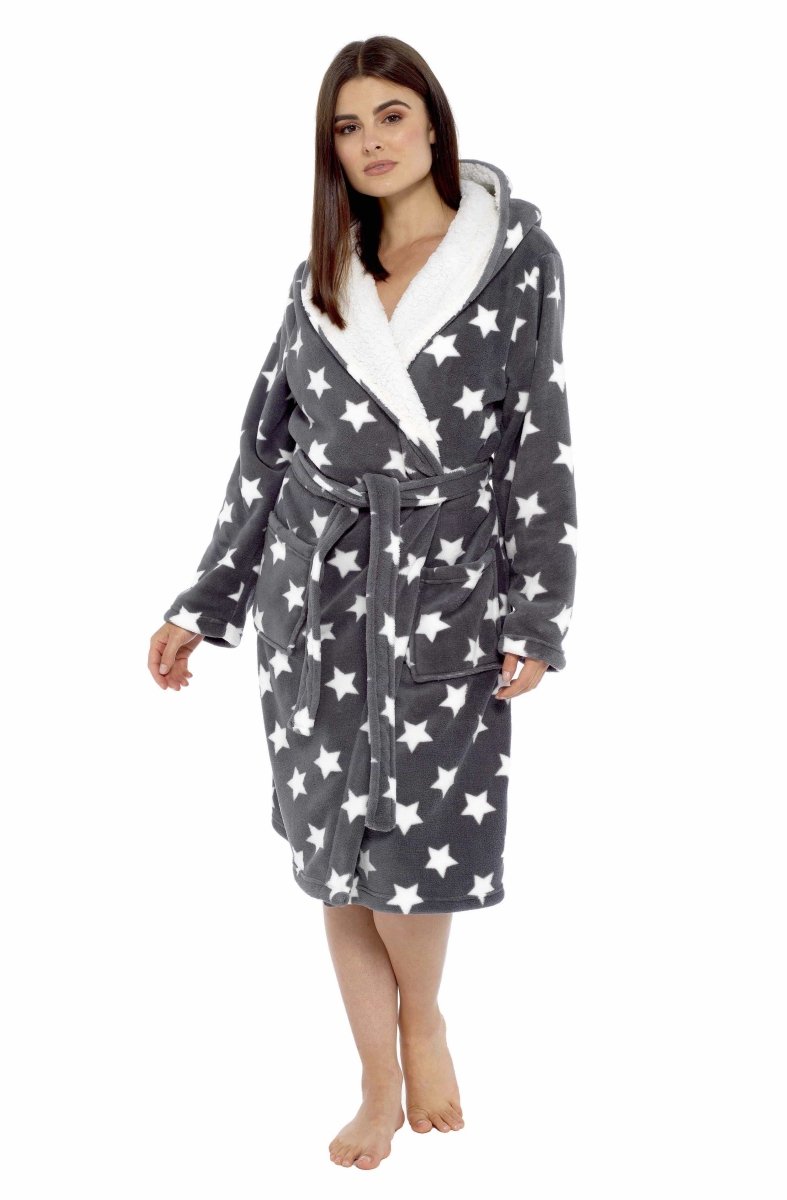 OLIVIA ROCCO Hooded Plush Fleece Robe Star Grey With Ultra Soft Sherpa Fur Lining - Joe’s Haven