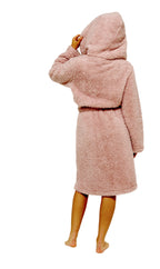 OLIVIA ROCCO Teddy Fleece Hooded Robe Dusky Pink With Sherpa Lining Ultra Soft Dressing
