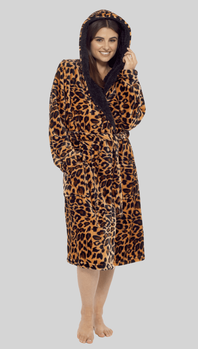 OLIVIA ROCCO Women's Leopard Plush Fleece Hooded Robe With Sherpa Lining Cosy Thermal - Joe’s Haven