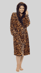 OLIVIA ROCCO Women's Leopard Plush Fleece Hooded Robe With Sherpa Lining Cosy Thermal - Joe’s Haven