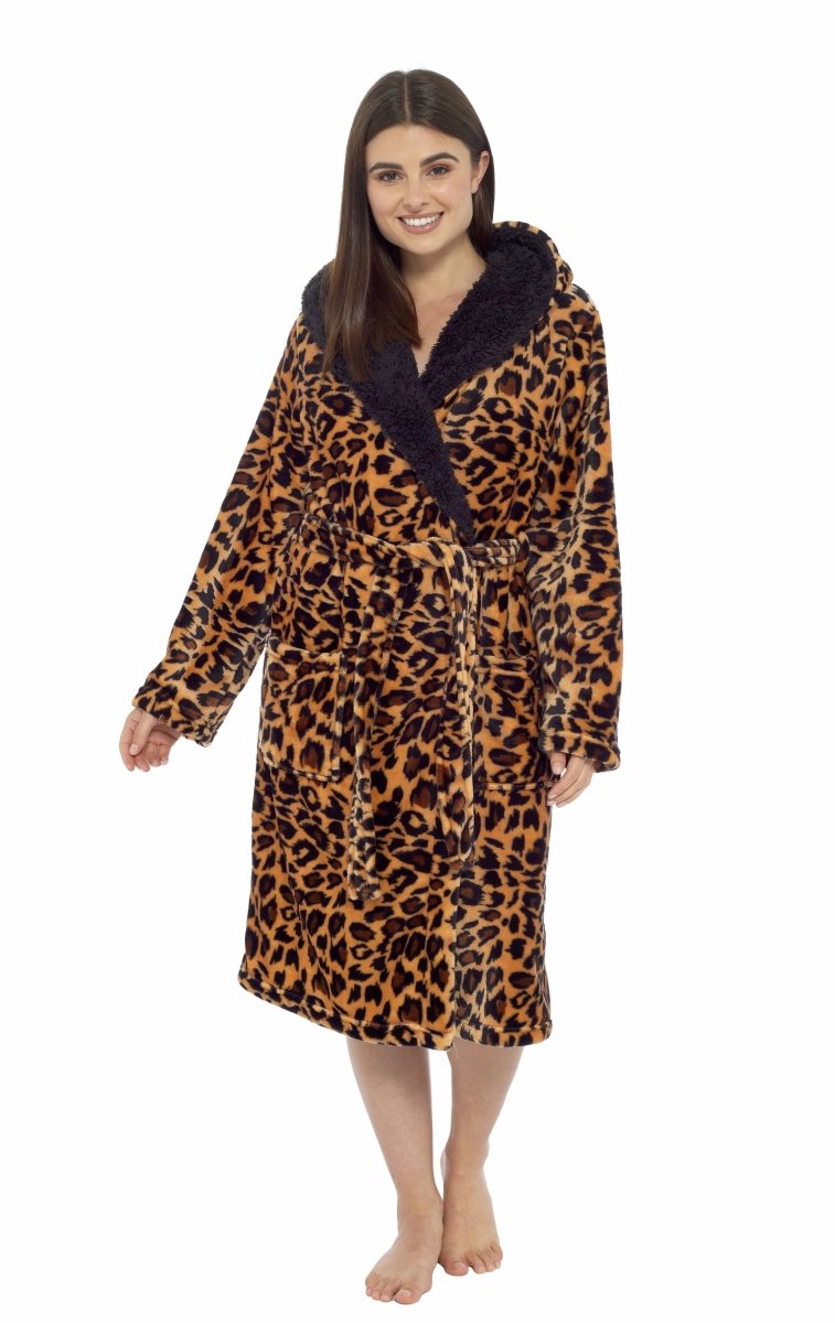 OLIVIA ROCCO Women's Leopard Plush Fleece Hooded Robe With Sherpa Lining Cosy Thermal - Joe’s Haven