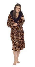 OLIVIA ROCCO Women's Leopard Plush Fleece Hooded Robe With Sherpa Lining Cosy Thermal - Joe’s Haven