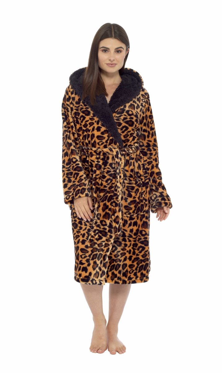 OLIVIA ROCCO Women's Leopard Plush Fleece Hooded Robe With Sherpa Lining Cosy Thermal - Joe’s Haven