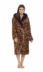OLIVIA ROCCO Women's Leopard Plush Fleece Hooded Robe With Sherpa Lining Cosy Thermal - Joe’s Haven