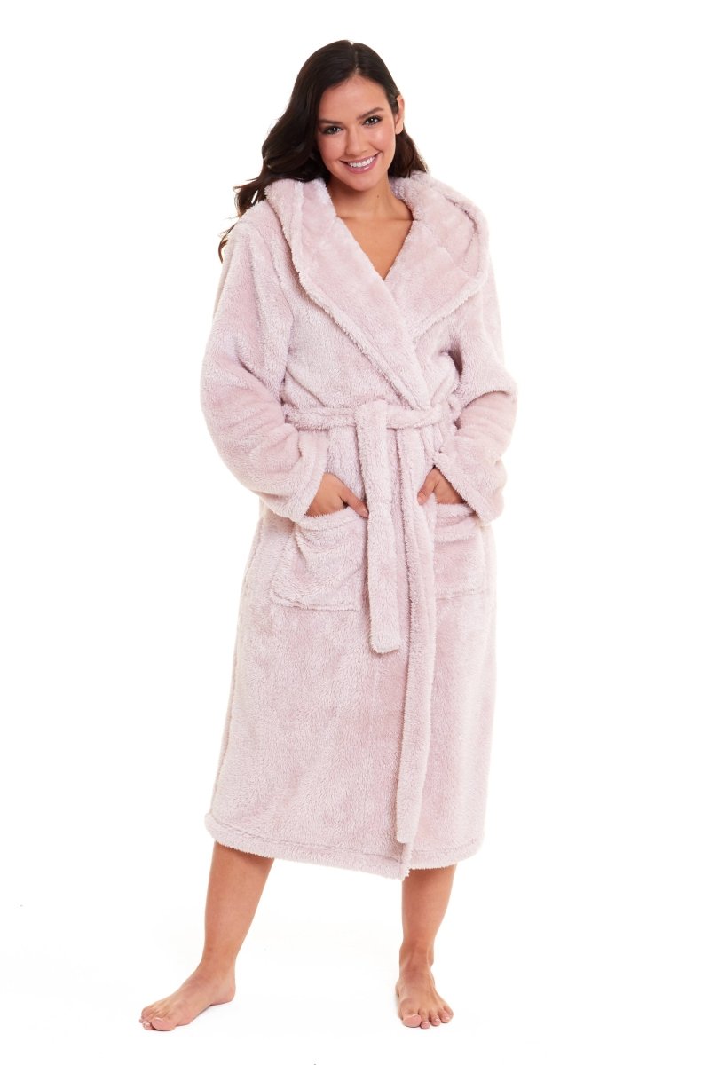 OLIVIA ROCCO Women's Pink Snuggle Fleece Hooded Robe Velvet Touch Dressing Gown Super Soft Cosy Home Loungewear - Joe’s Haven