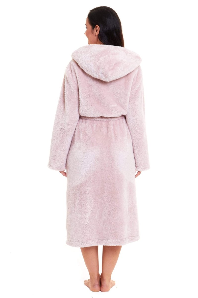 OLIVIA ROCCO Women's Pink Snuggle Fleece Hooded Robe Velvet Touch Dressing Gown Super Soft Cosy Home Loungewear - Joe’s Haven