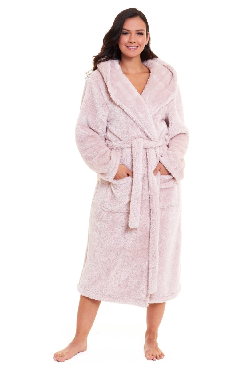 OLIVIA ROCCO Women's Pink Snuggle Fleece Hooded Robe Velvet Touch Dressing Gown Super Soft Cosy Home Loungewear - Joe’s Haven