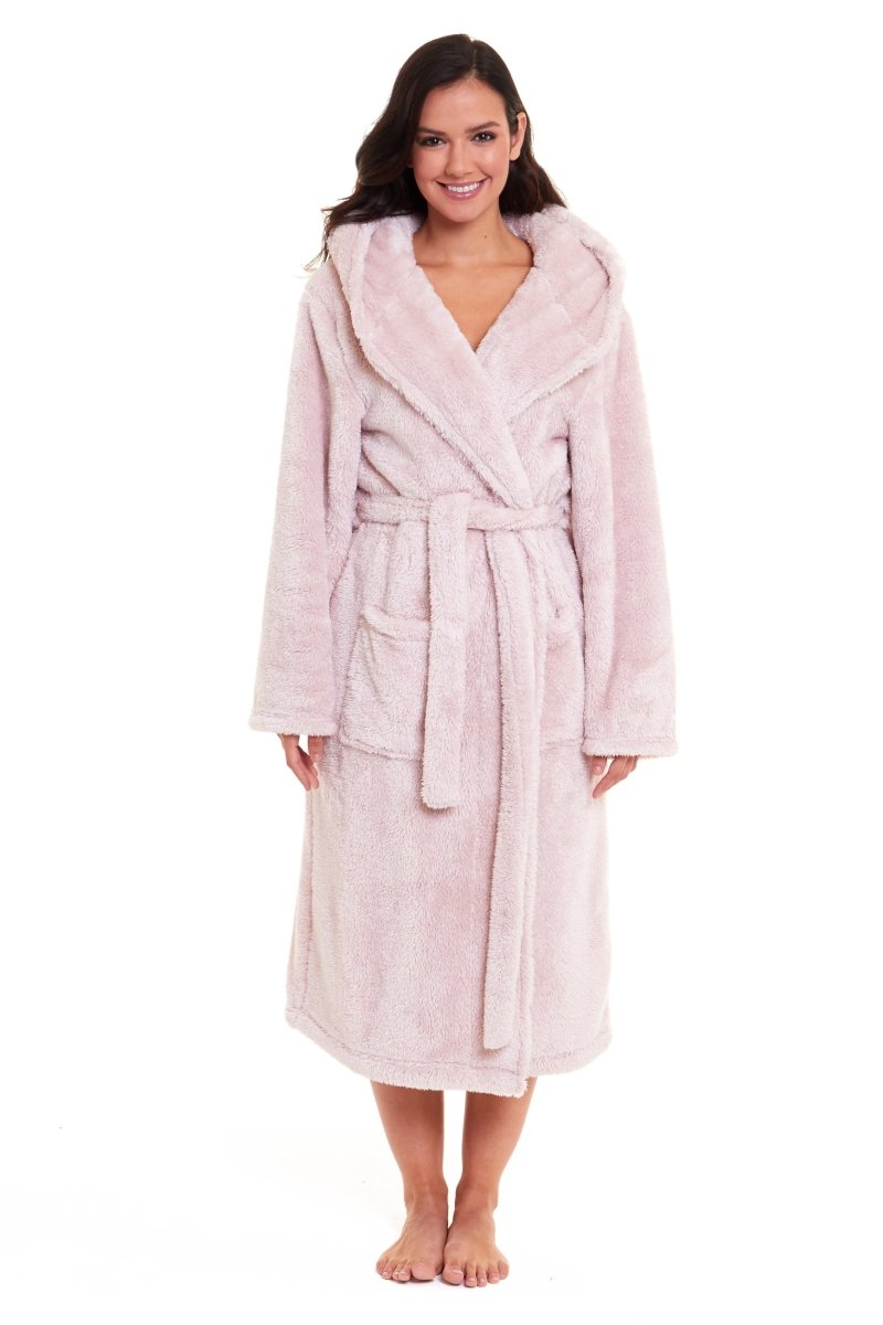 OLIVIA ROCCO Women's Pink Snuggle Fleece Hooded Robe Velvet Touch Dressing Gown Super Soft Cosy Home Loungewear - Joe’s Haven