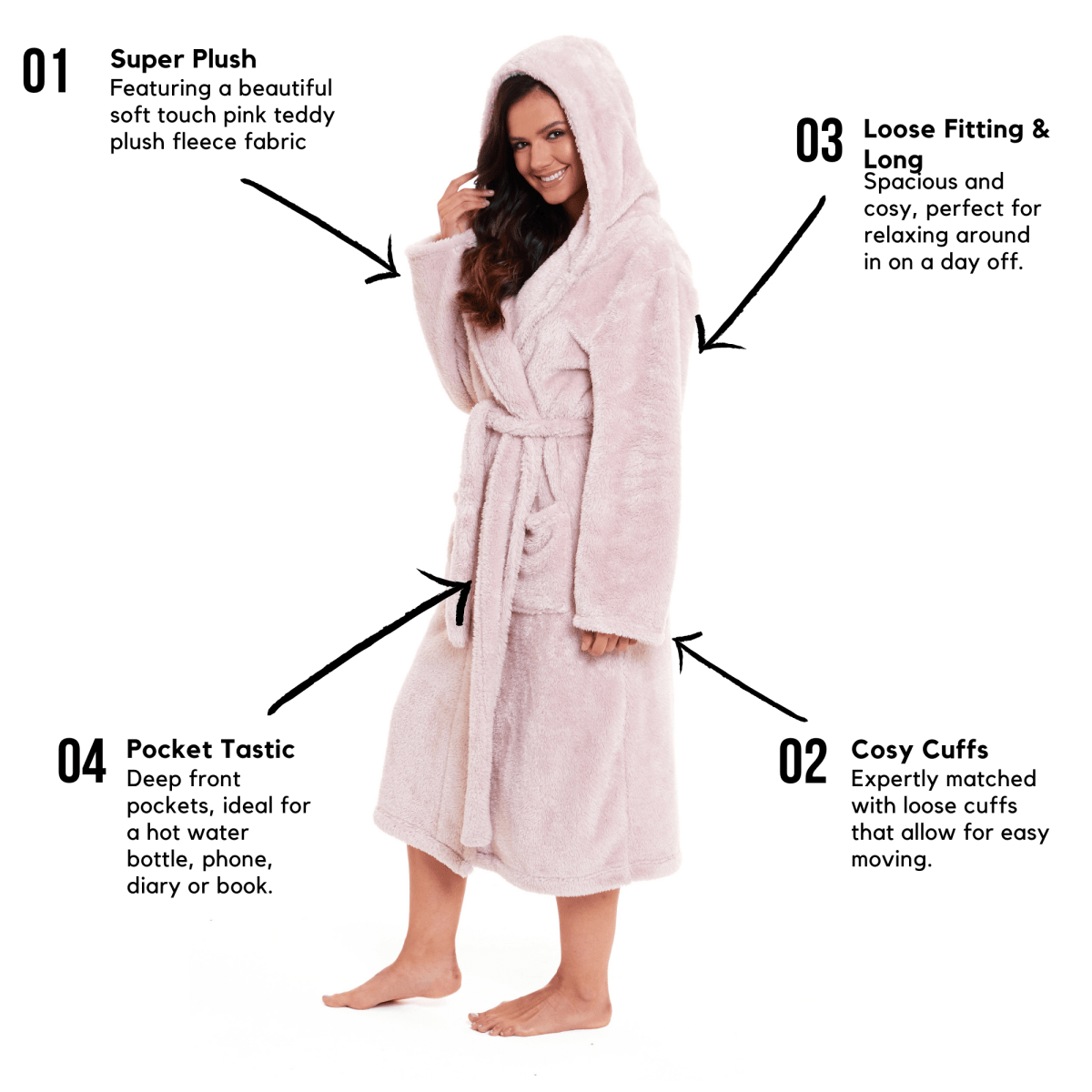 OLIVIA ROCCO Women's Pink Snuggle Fleece Hooded Robe Velvet Touch Dressing Gown Super Soft Cosy Home Loungewear - Joe’s Haven