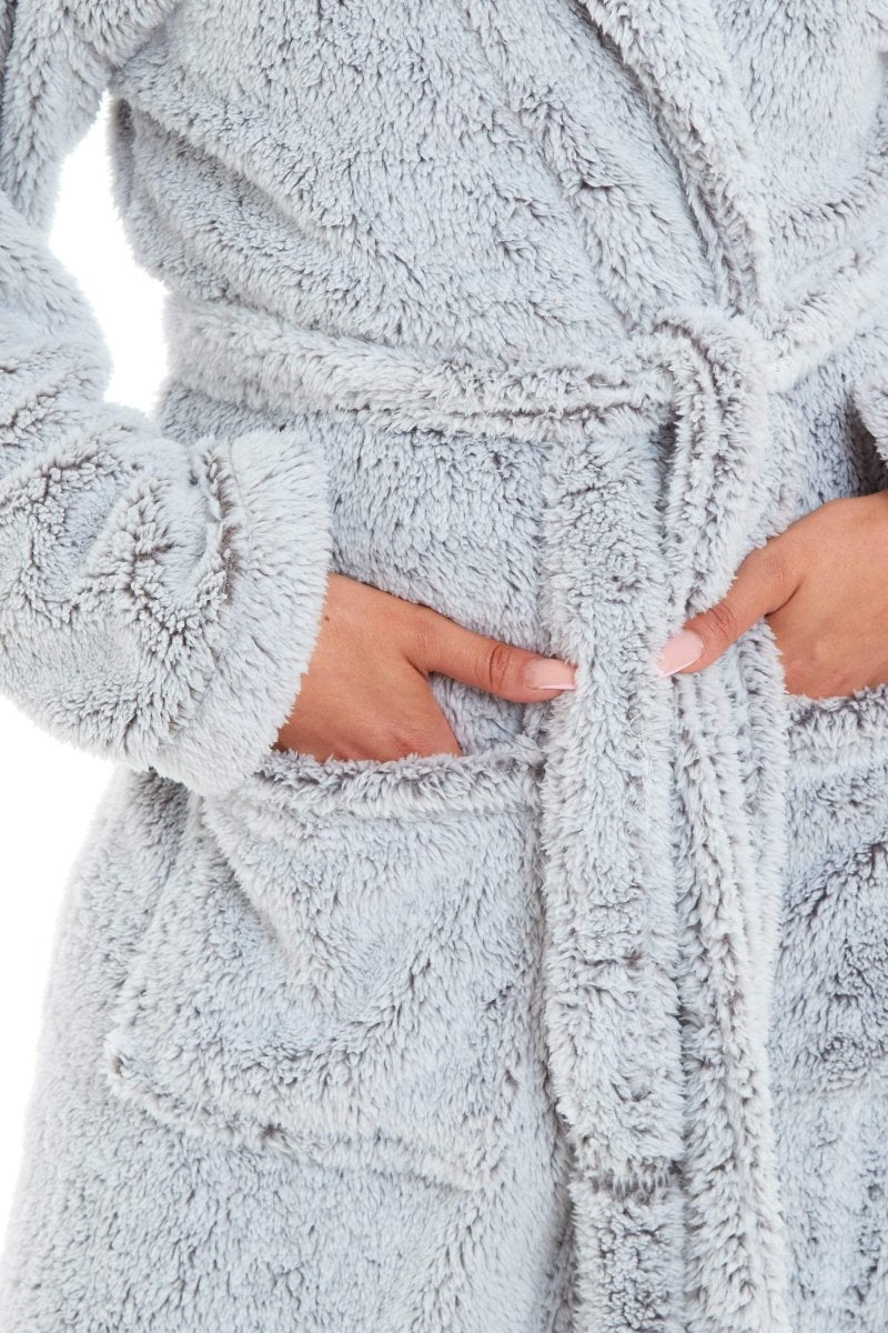 OLIVIA ROCCO Women's Shimmer Grey Snuggle Velvet Touch Fleece Hooded Robe Dressing Gown - Joe’s Haven