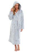 OLIVIA ROCCO Women's Shimmer Grey Snuggle Velvet Touch Fleece Hooded Robe Dressing Gown - Joe’s Haven