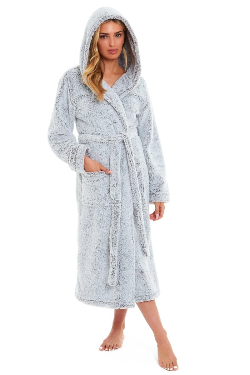 OLIVIA ROCCO Women's Shimmer Grey Snuggle Velvet Touch Fleece Hooded Robe Dressing Gown - Joe’s Haven