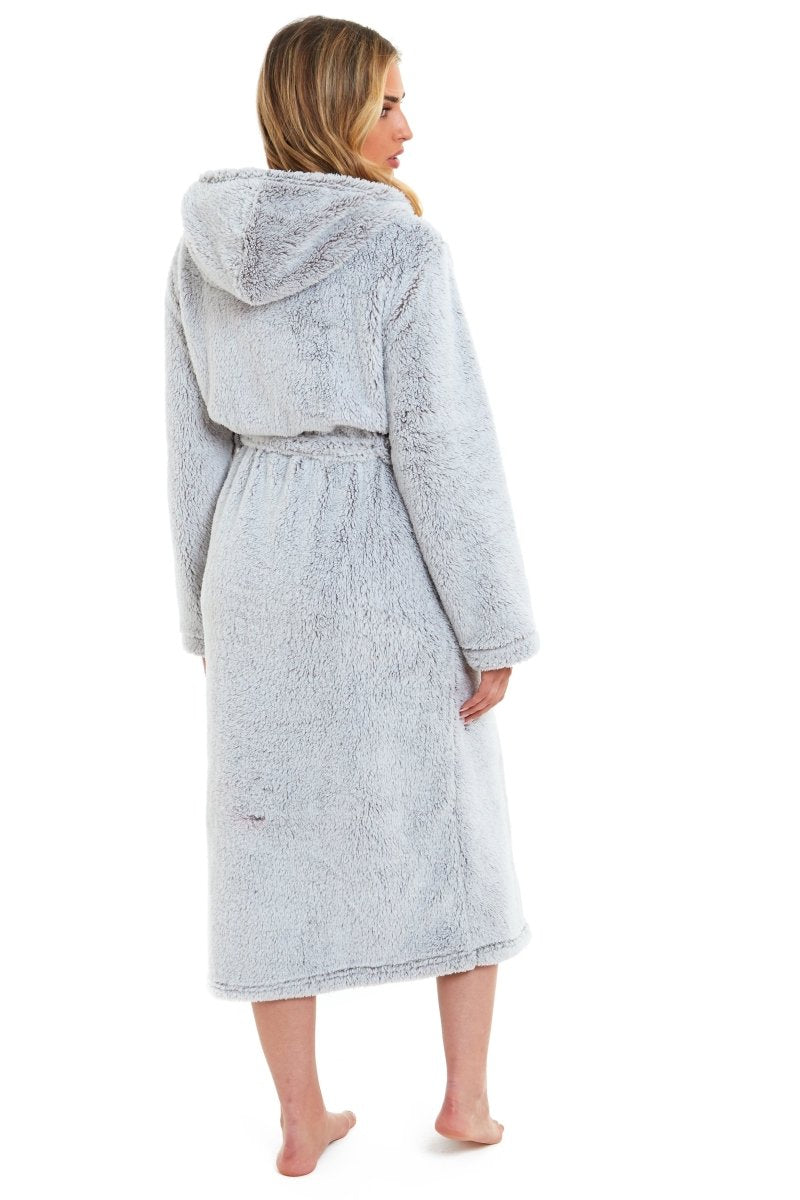 OLIVIA ROCCO Women's Shimmer Grey Snuggle Velvet Touch Fleece Hooded Robe Dressing Gown - Joe’s Haven