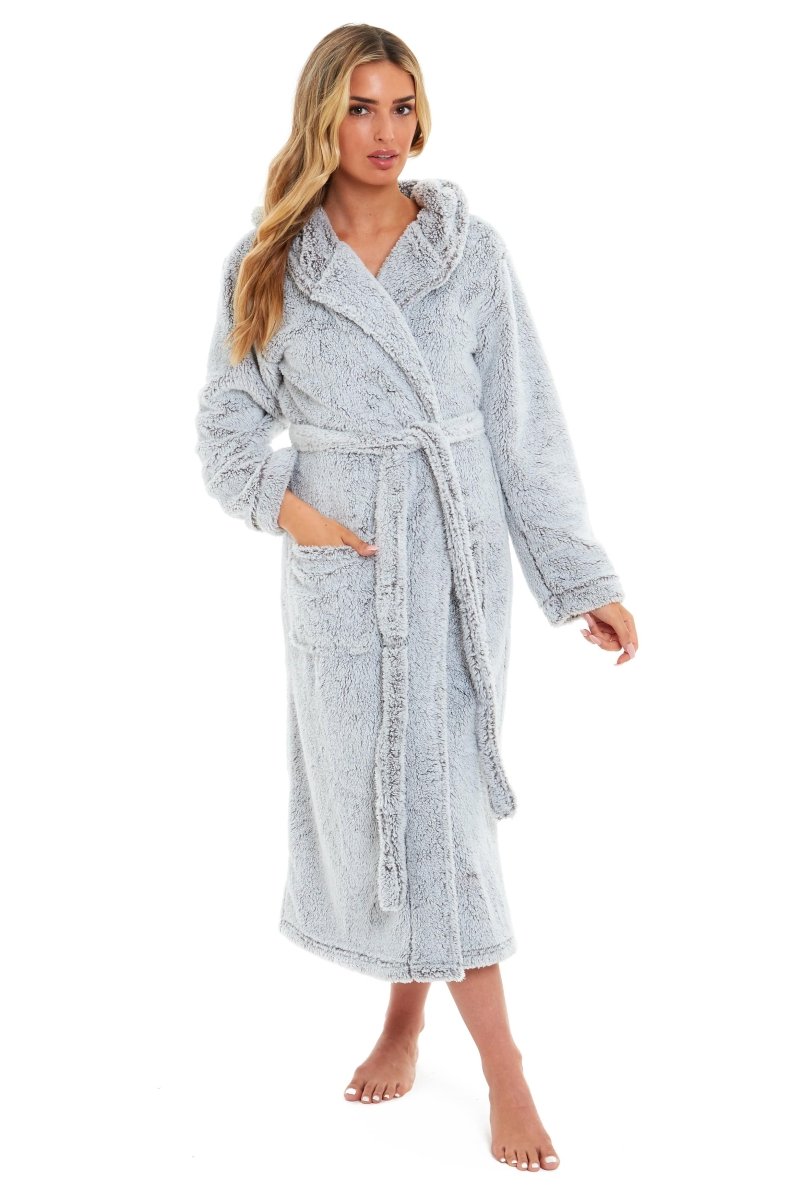 OLIVIA ROCCO Women's Shimmer Grey Snuggle Velvet Touch Fleece Hooded Robe Dressing Gown - Joe’s Haven
