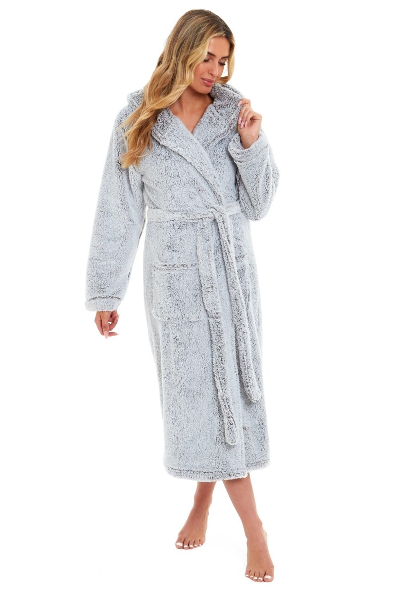 OLIVIA ROCCO Women's Shimmer Grey Snuggle Velvet Touch Fleece Hooded Robe Dressing Gown - Joe’s Haven