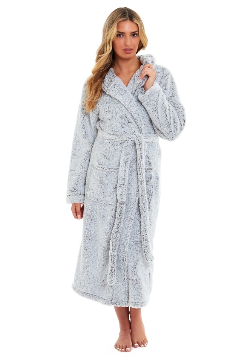 OLIVIA ROCCO Women's Shimmer Grey Snuggle Velvet Touch Fleece Hooded Robe Dressing Gown - Joe’s Haven