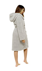 OLIVIA ROCCO Women's Teddy Fleece Hooded Robe Grey Sherpa Lined Ultra Soft Dressing Gown