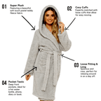 OLIVIA ROCCO Women's Teddy Fleece Hooded Robe Grey Sherpa Lined Ultra Soft Dressing Gown