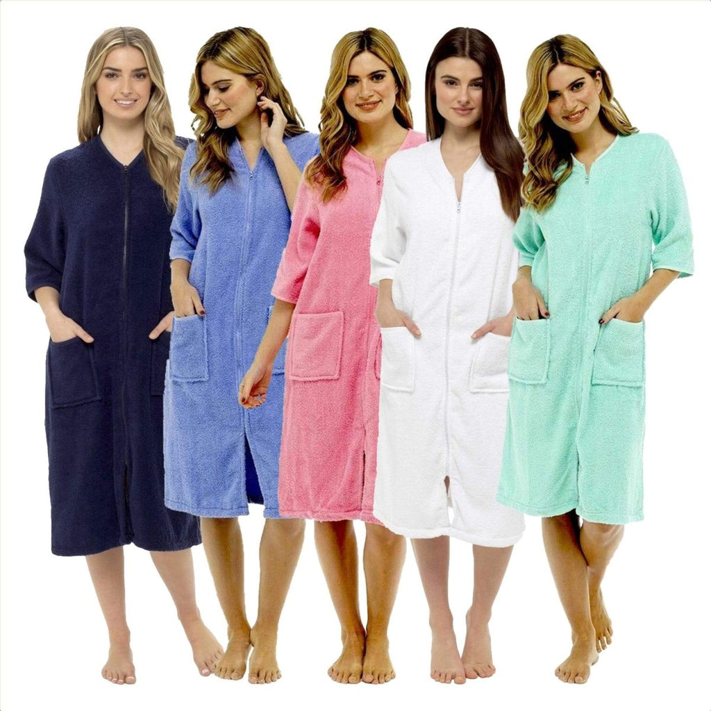OLIVIA ROCCO Women's Terry Towelling Zip - Through Bathrobe 100% Cotton Ultra Absorbent - Joe’s Haven