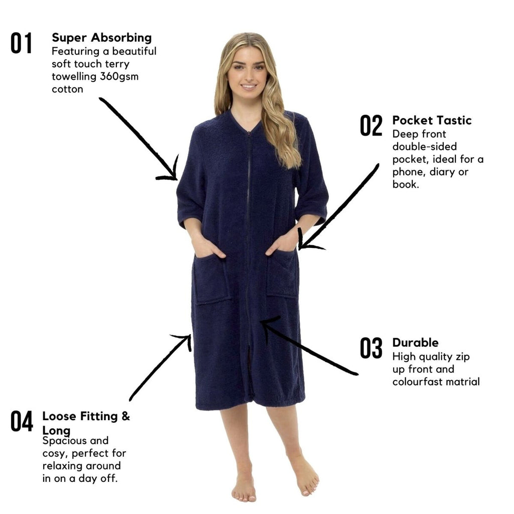 OLIVIA ROCCO Women's Terry Towelling Zip - Through Bathrobe 100% Cotton Ultra Absorbent - Joe’s Haven