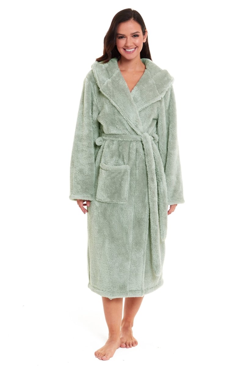 OLIVIA ROCCO Womens Sage Green Fleece Touch Hooded Robe Extra Long Ultra Soft Velvet - Feel - Joe’s Haven