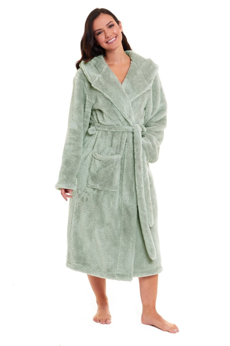 OLIVIA ROCCO Womens Sage Green Fleece Touch Hooded Robe Extra Long Ultra Soft Velvet - Feel - Joe’s Haven