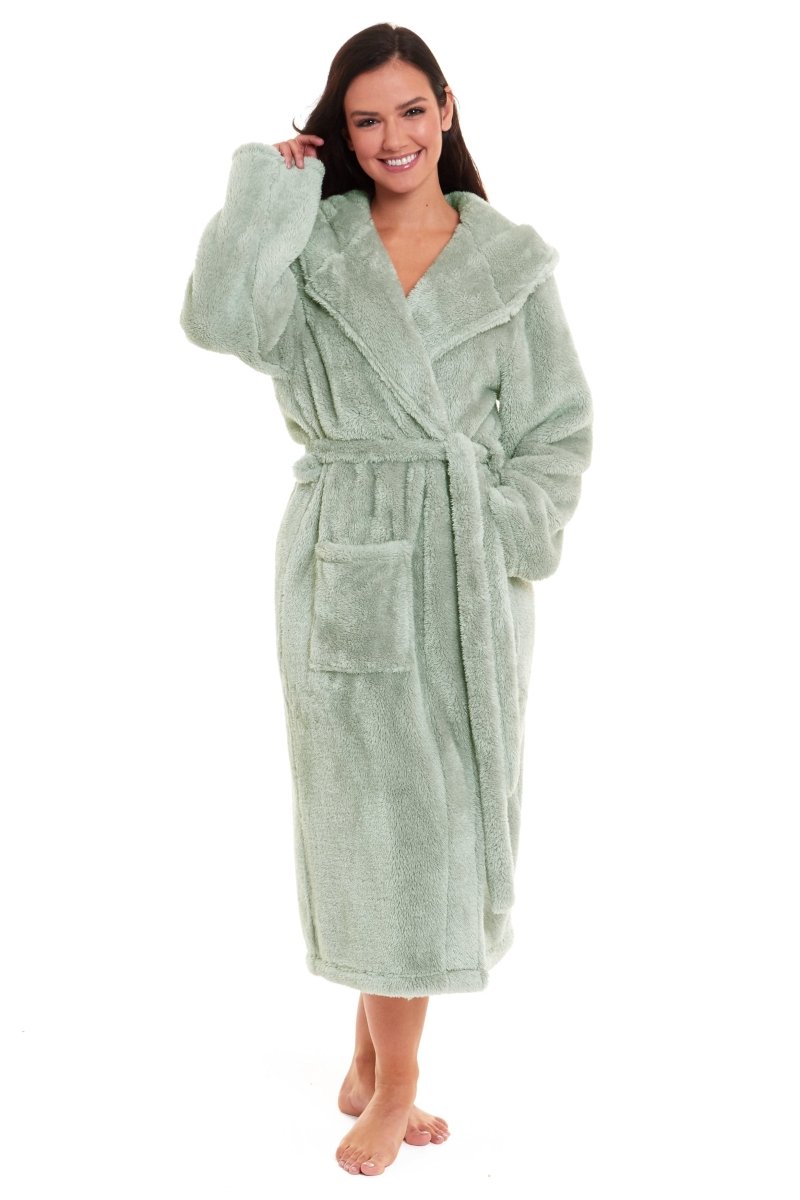 OLIVIA ROCCO Womens Sage Green Fleece Touch Hooded Robe Extra Long Ultra Soft Velvet - Feel - Joe’s Haven