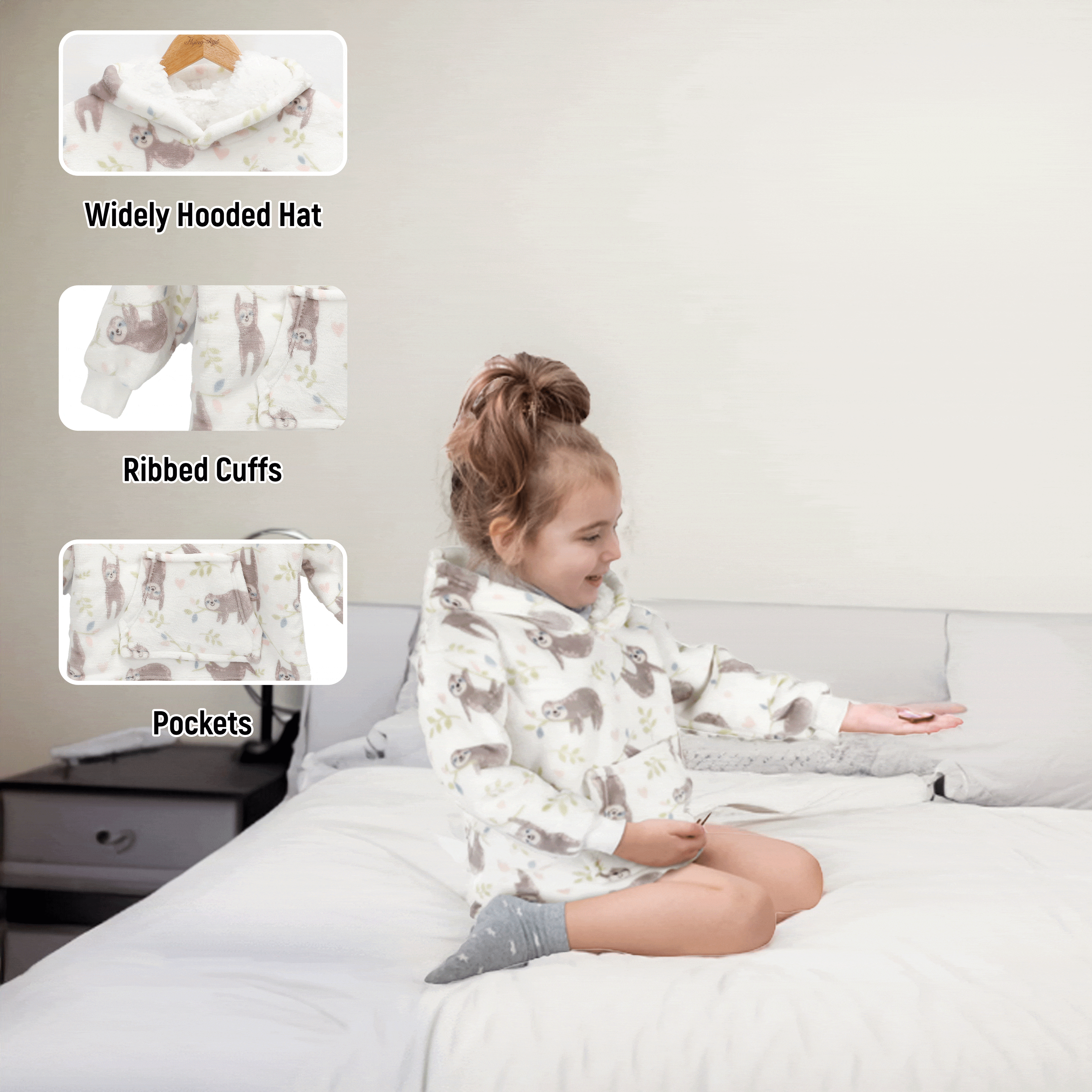 OLIVIA ROCCO Daisy Dreamer Kids Hoodie Blanket Safari Sloth Wearable Sweatshirt for Cosy Home Layering