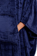 OLIVIA ROCCO Women's Oversized Hooded Poncho Blanket Plush Fleece Navy Charcoal Cosy Sofa and Bedroom Layering