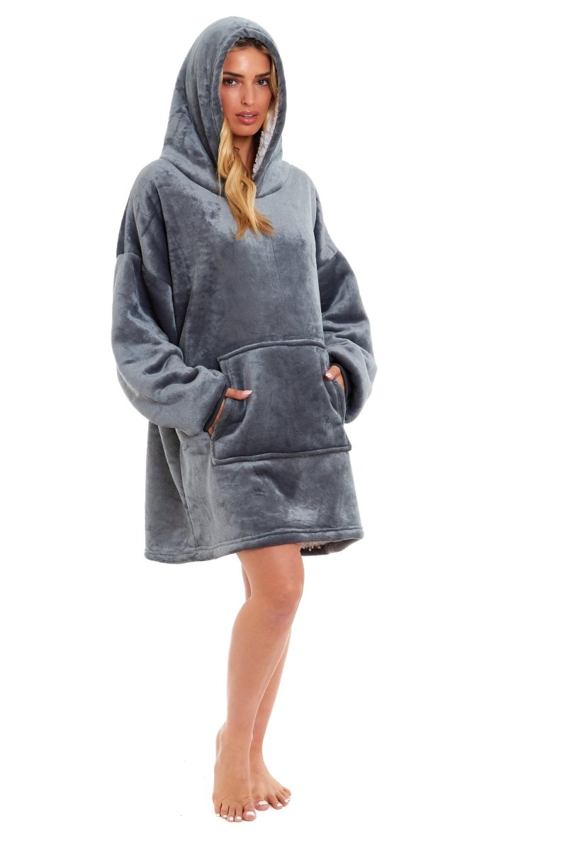 OLIVIA ROCCO Oversized Hooded Blanket Reversible Sherpa Fleece Grey And Pink For Adults - Joe’s Haven