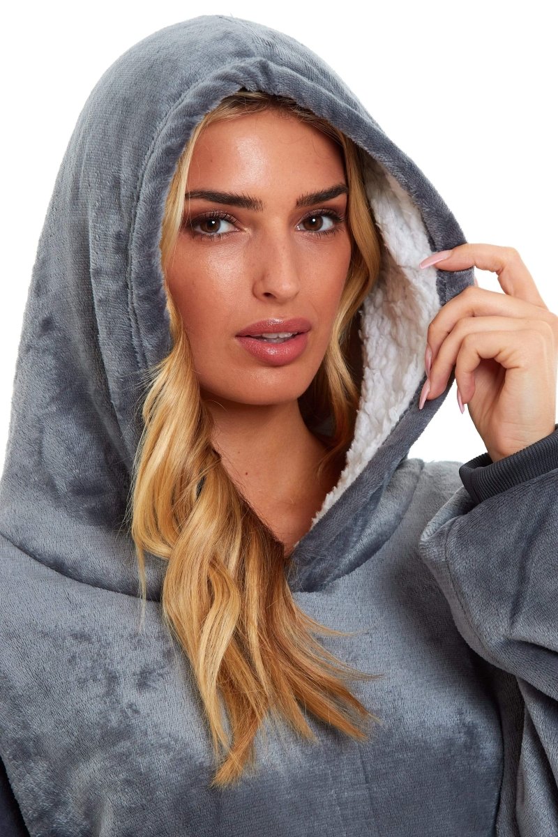 OLIVIA ROCCO Oversized Hooded Blanket Reversible Sherpa Fleece Grey And Pink For Adults - Joe’s Haven